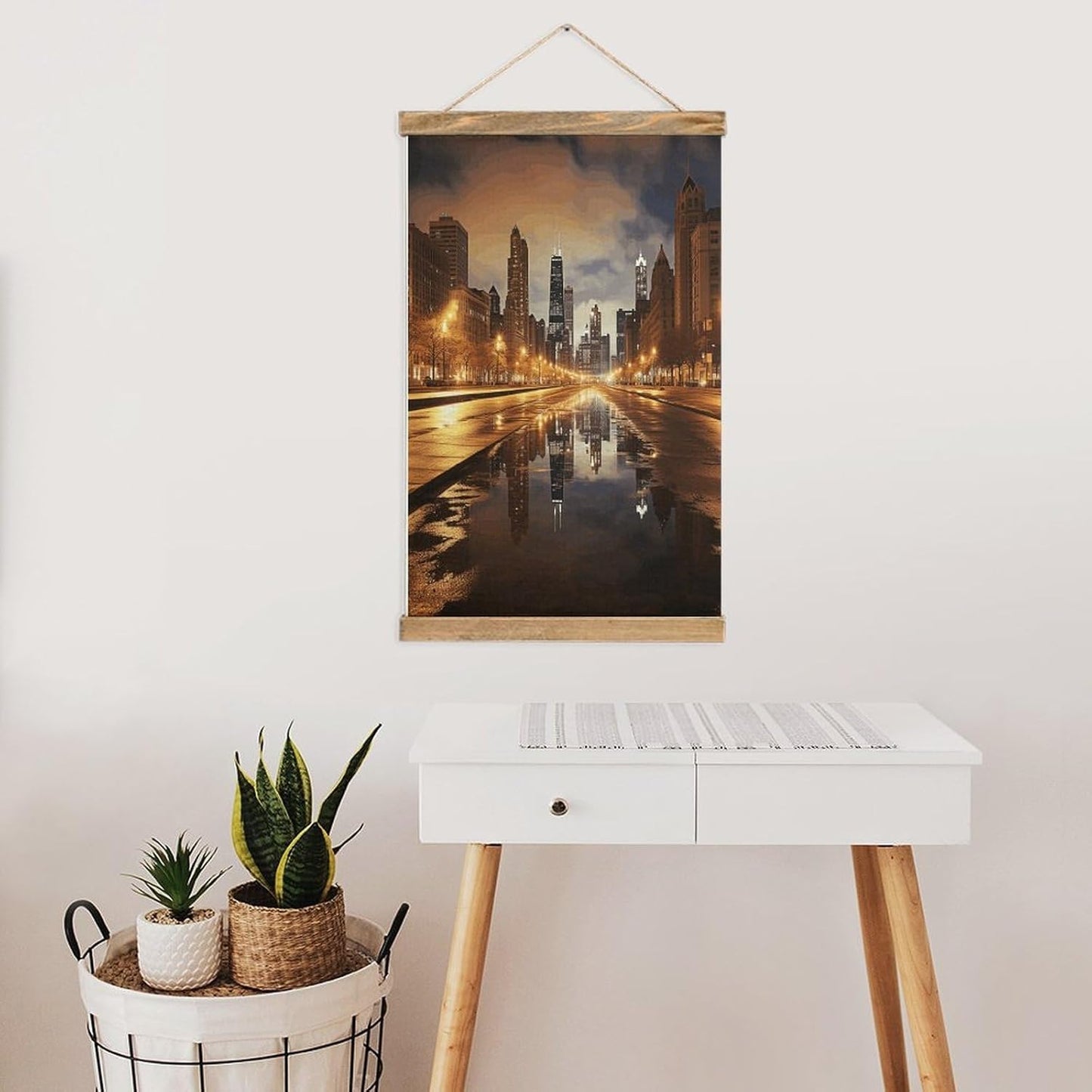 Vintage Chicago Poster with Wooden Frame Personalized Linen Hanging Scroll Painting Rustic Wall Hanging Illustrative Modern Artwork Decor for Home Living Room Bedroom Office