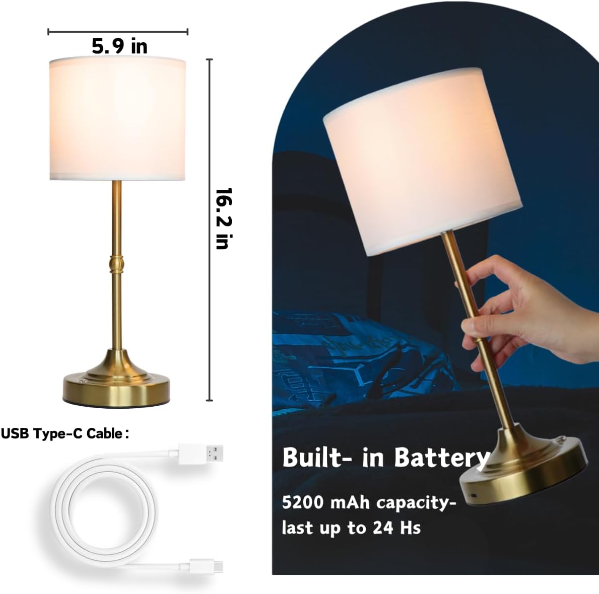 Rechargeable Table Lamp, Cordless Touch Lamps, Portable Desk Light with Stepless Dimmable Brightness & Fabric Shade for Nightstand Bedside Living Room (Gold, Straight)