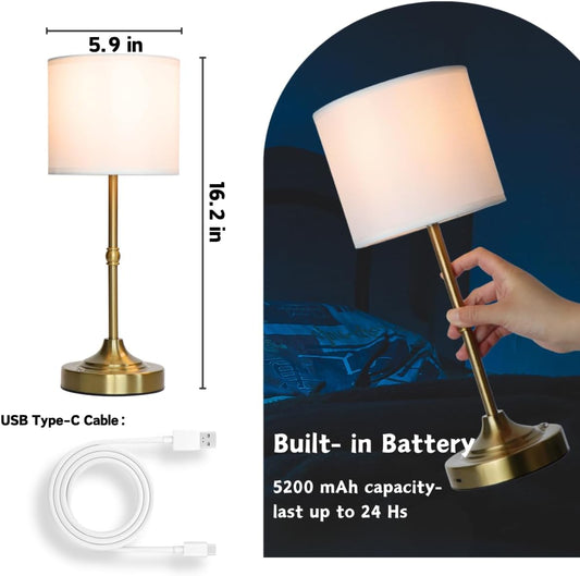 Rechargeable Table Lamp, Cordless Touch Lamps, Portable Desk Light with Stepless Dimmable Brightness & Fabric Shade for Nightstand Bedside Living Room (Gold, Straight)