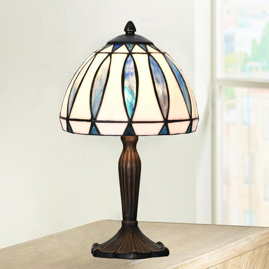 TL0034 Tiffany Style Table Lamp with Stained Glass Shade, Vintage Bronze Base W 8" x OH 14.25", Great for Home Office Small Space, LED Bulb Included (Blue White)