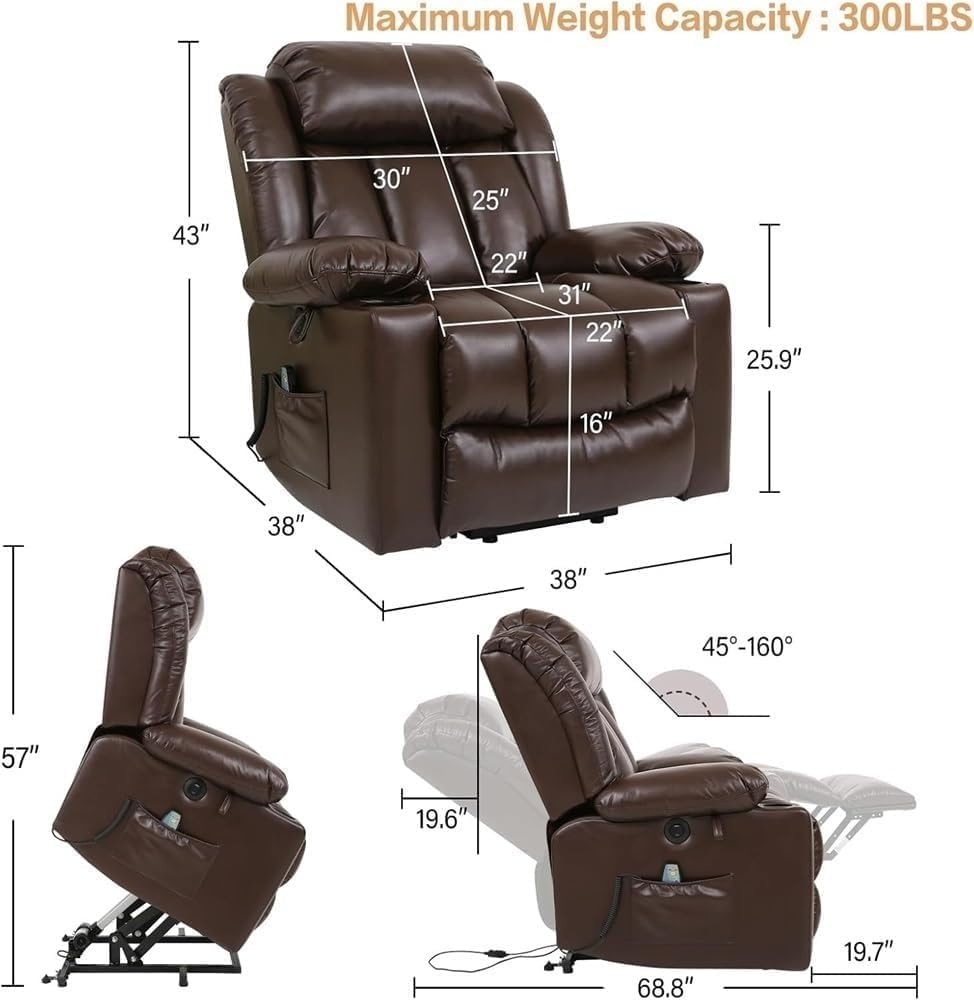 Oversized Electric Power Lift Recliner Chair for Seniors & Adults with Heated Massage, Stand Assistance, Comfortable Leather Lounge Sofa, Adjustable Reclining for Nursery and Living Room