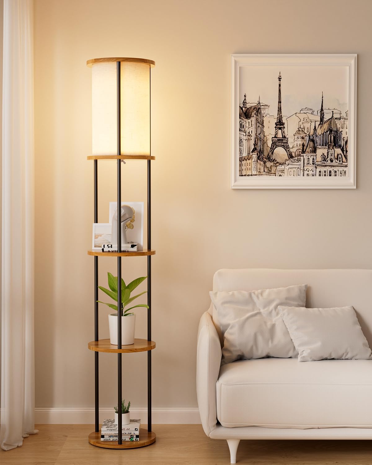 61" Floor Lamp with Shelves, Modern Black Floor Lamp with Fabric Lampshade and 3- Tier Storage Table Attached, 35lb Capacity Solid Wood, Corner Bookshelf Lamps for Living Room, Bedroom, Office