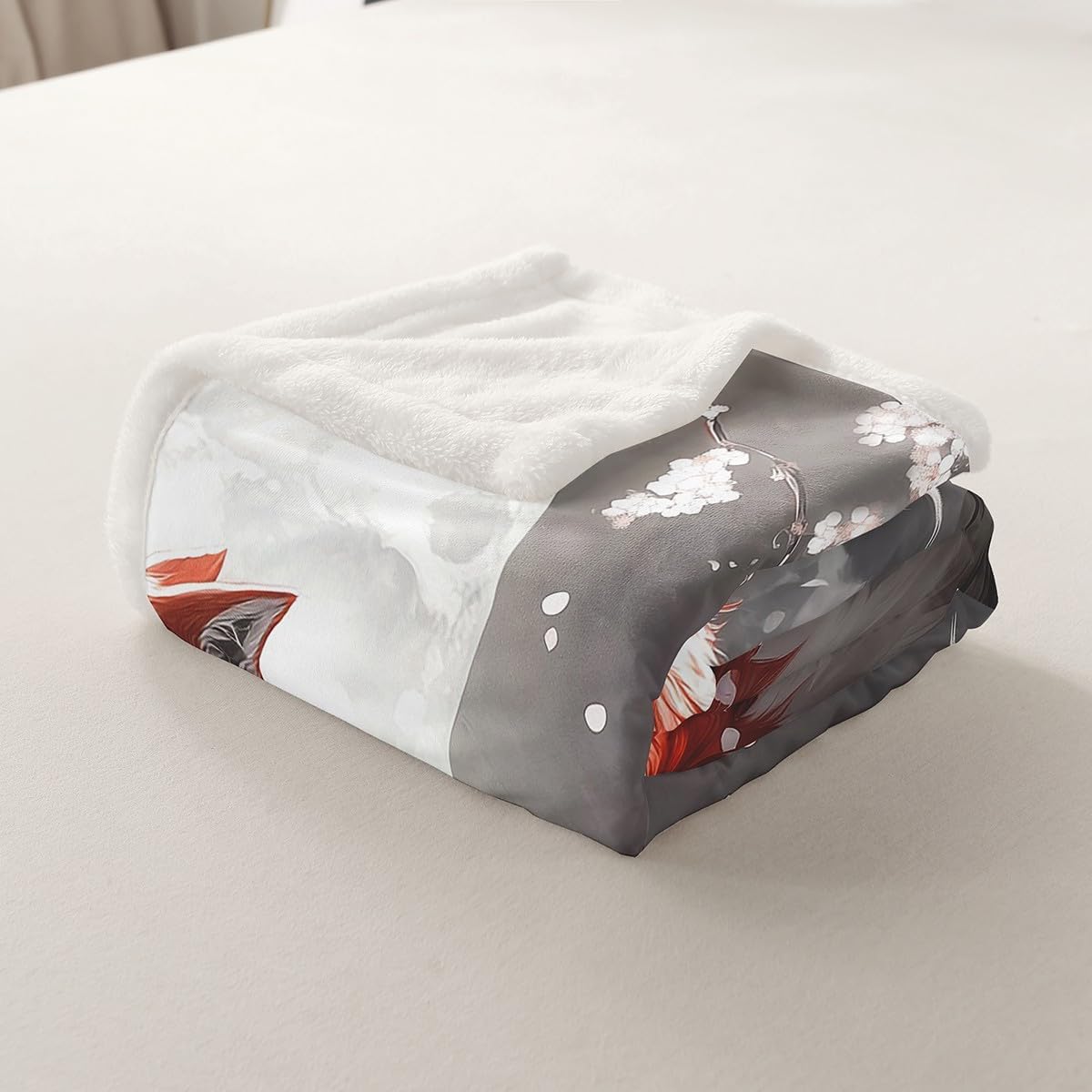Manfei Japanese Fox Kids Throw Blanket,Japan Ukiyoe Cherry Blossom Moonnight Bed Blanket for Boys Girls,Wild Animal Retro Fleece Blanket,Grey White Fuzzy Blanket,Queen Size (90 x 90 Inches)