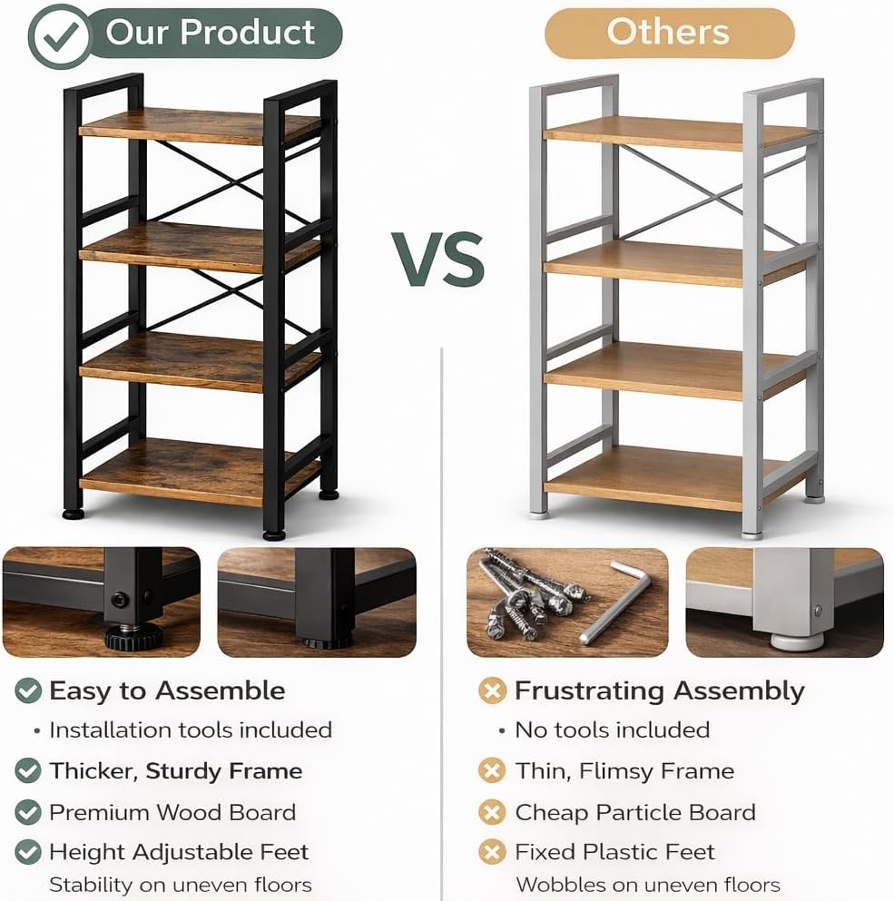 Small Bookshelf for Small Spaces, 3-Tier Industrial Bookcase with Metal Frame and Wood Shelves, Narrow Storage Shelf for Living Room, Bedroom, Apartment (4)