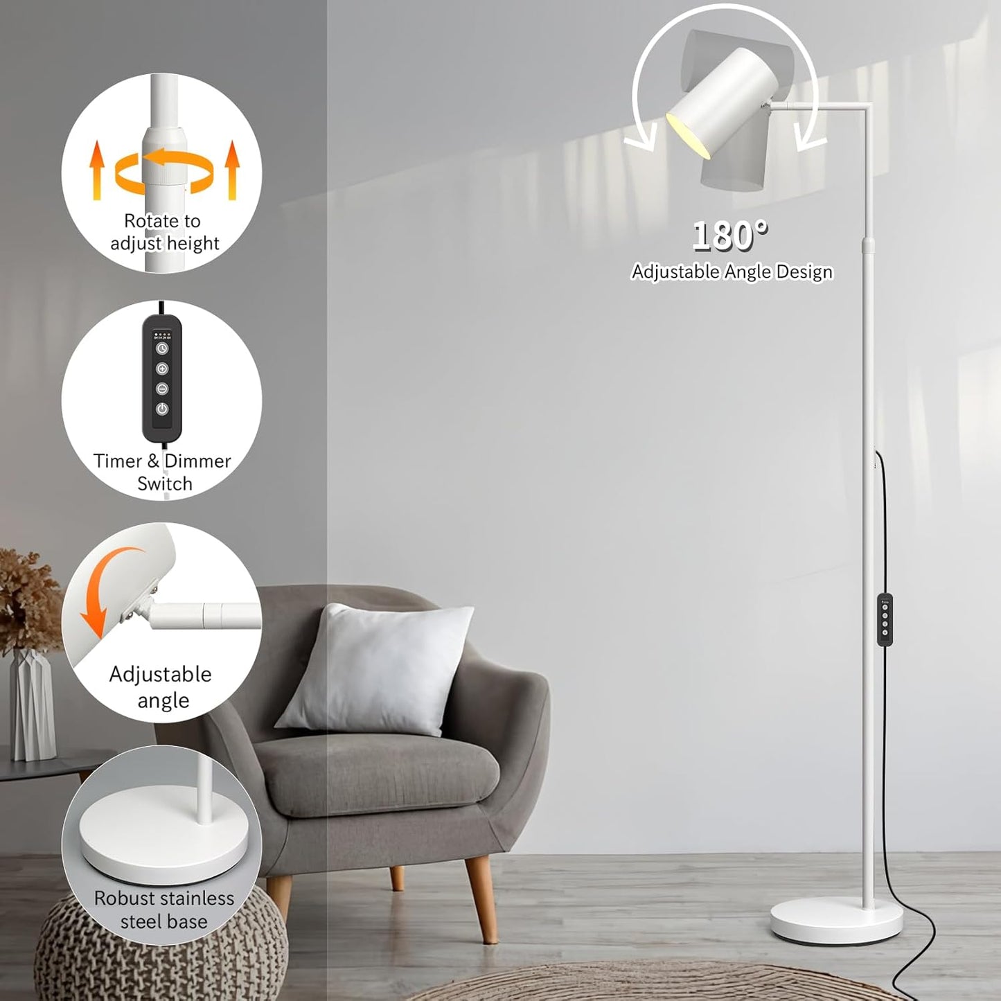 Stepless Dimmable Arc Floor Lamp for Living Room with Timer,Height Adjustable Modern Reading Standing Lamps for Living Room,Reading Room,Office,LED Bulb Included (White-DM)