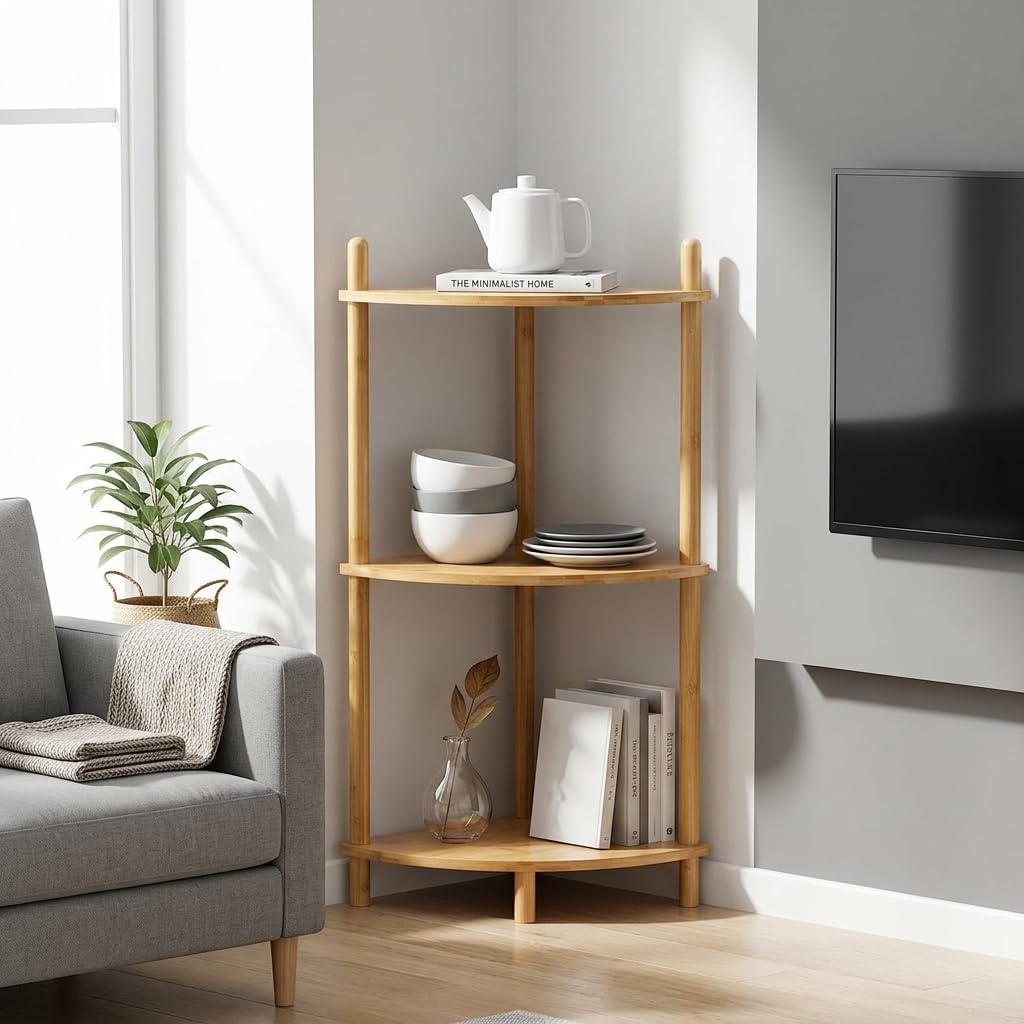 3-Tier Expandable Bamboo Corner Shelf Stand,Corner Bookshelf, Display Storage Shelves with Open Shelves, for Organization and Storage, Living Room, Home Office, Garage (1, Natural, 3-Tier)