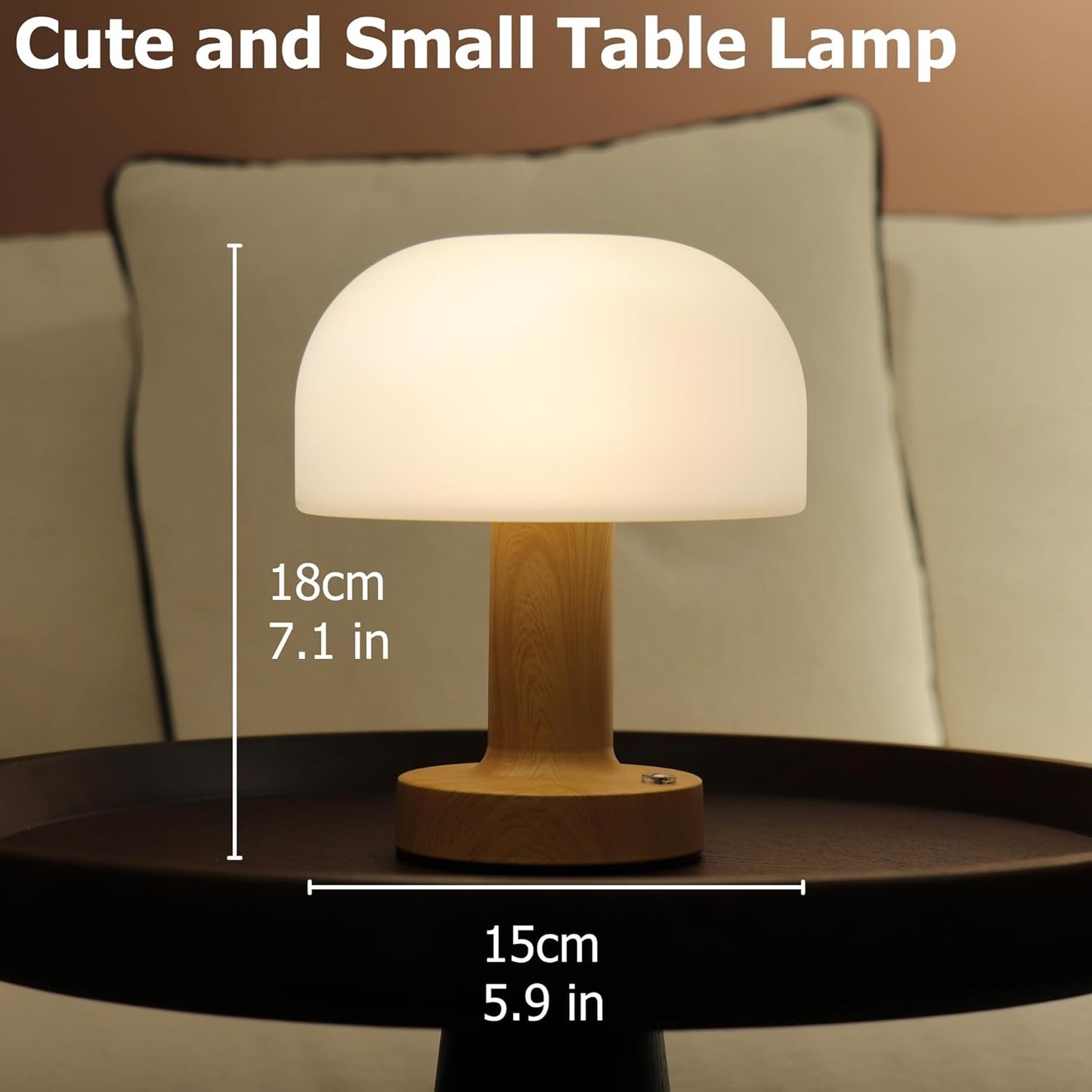 Small Mushroom Table Lamp, Cordless Night Light with 2600mAh Rechargeable Battery, Stepless Dimming Desk Lamp with 3 Colors for Bedroom/Patio/Living Room (White-1)