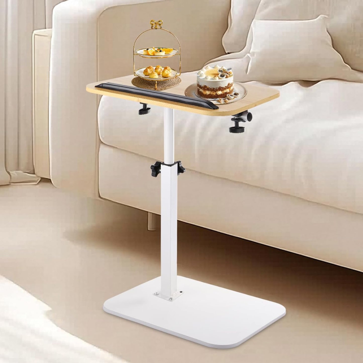 Couch Table Tray, Adjustable Height 360° Swivel Sofa Side Table for Couch, C Shaped End Table for Living Room and Bedroom
