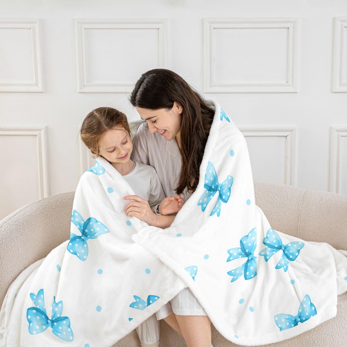 Feelyou Blue Polka Dot Bow Sherpa Throw Blanket for Couch Bowknot Super Soft Cozy Fleece Kawaii Bow Tie Blanket for Winter, Plush Throw Princess Decor Throw 50"x60" All Season