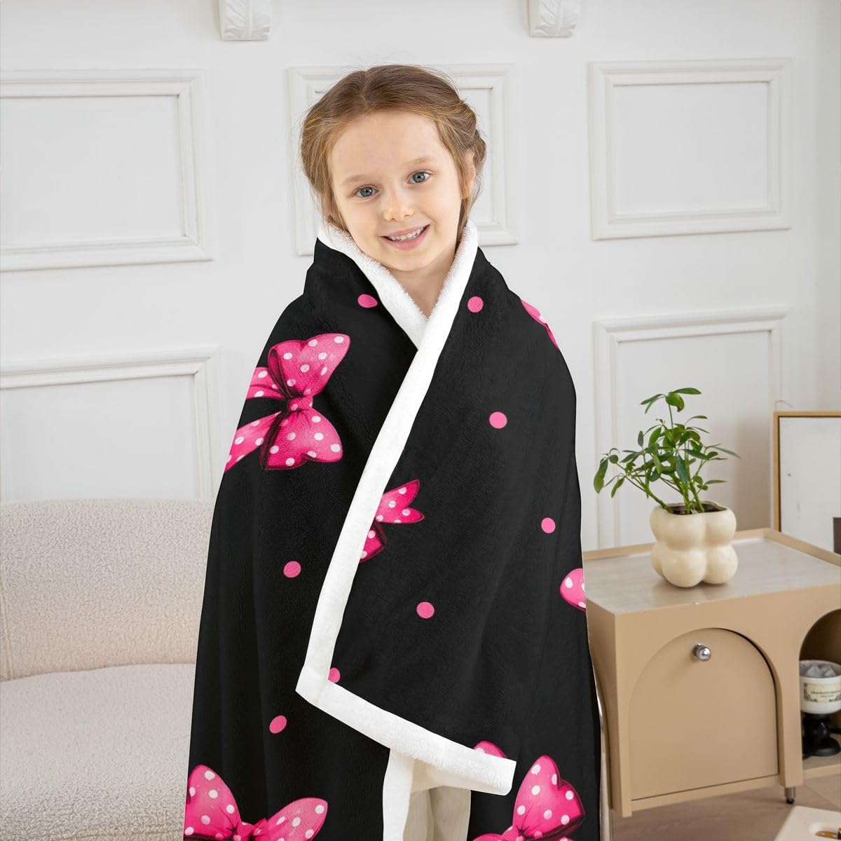 Feelyou Pink Bow Sherpa Throw Blanket for Couch Cute Polka Dot Super Soft Cozy Fleece Kawaii Bow Tie Blanket for Winter, Plush Throw Princess Decor Baby 30"x40" All Season