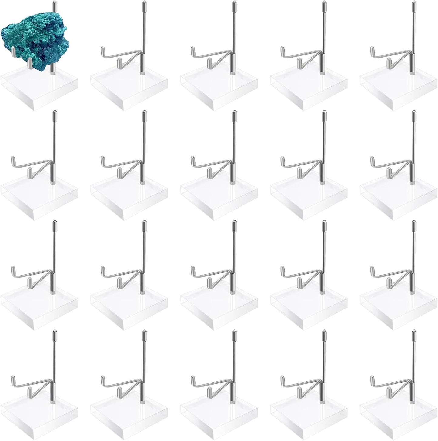 20 Pcs Adjustable Metal Arm Display Stand with Acrylic Base Silver Easel Rock Decorative Plate Holder for Picture Book Mineral Geodes Agate Coral Collection