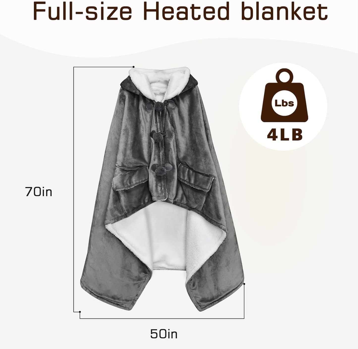 Heated Blanket Wearable Shawl, Electric Heated Wrap Poncho Shawl 50 x 70 Inch with Pockets for Adult, Warm Sherpa Heating Throw with 3 Heating Levels & Multi Time Settings