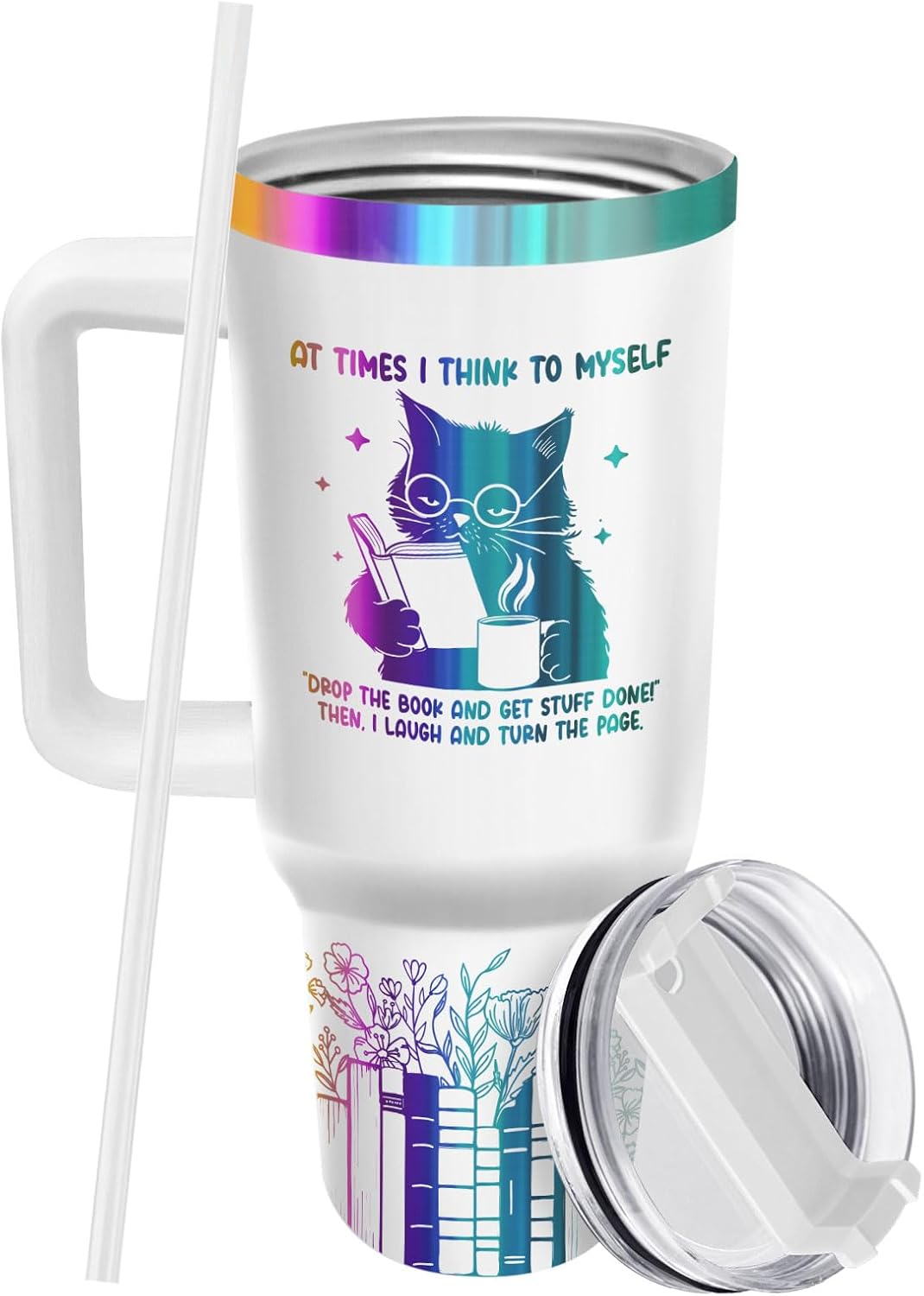 34HD Engraved Cat Mom Tumbler with Handle and Straw, 40oz Cute Gradient Book Cup Stainless Steel, Bookworm Coffee Mug, Cat and Book Birthday Gifts for Women Men Friends