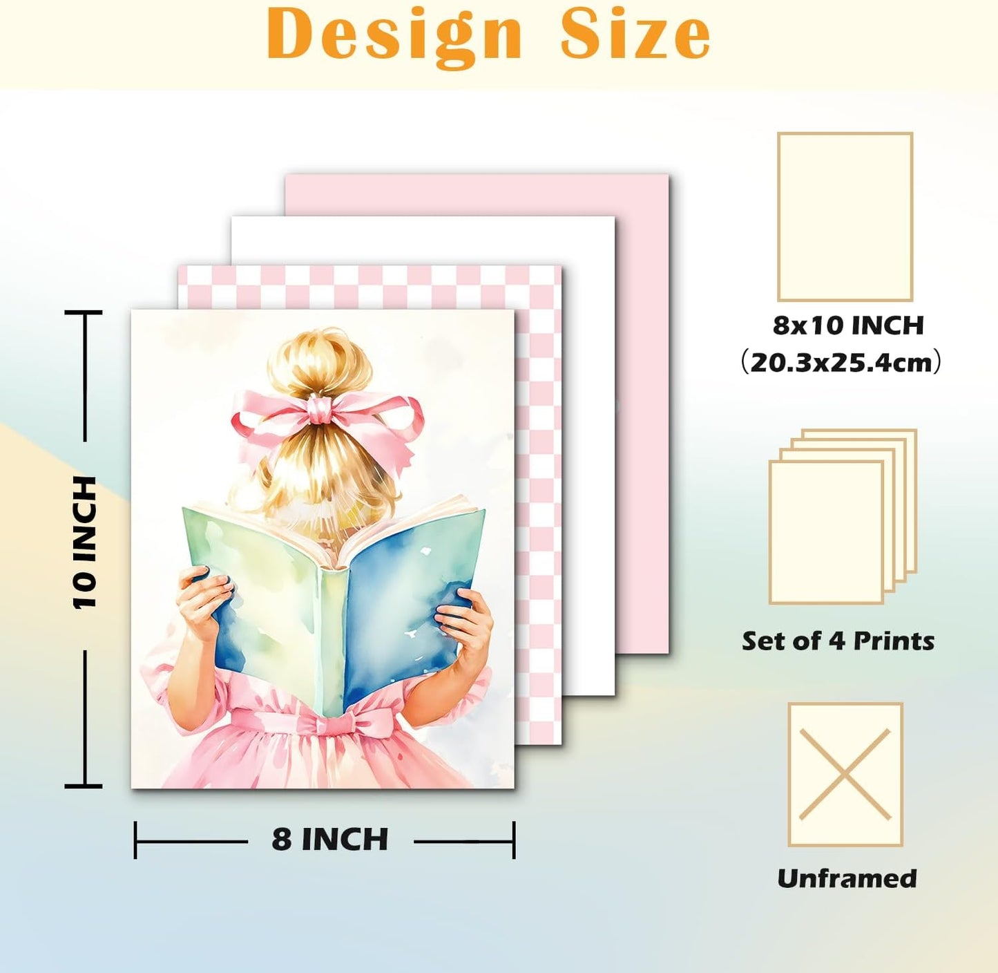 JINYO Coquette Pink Bow Book Wall Art Prints Set of 4, Reading Nook Corner Decor, Preppy Blonde Girl Book Ticket Wall Decor Posters Pictures for Library Reading Room Classroom, 8x10 Unframed