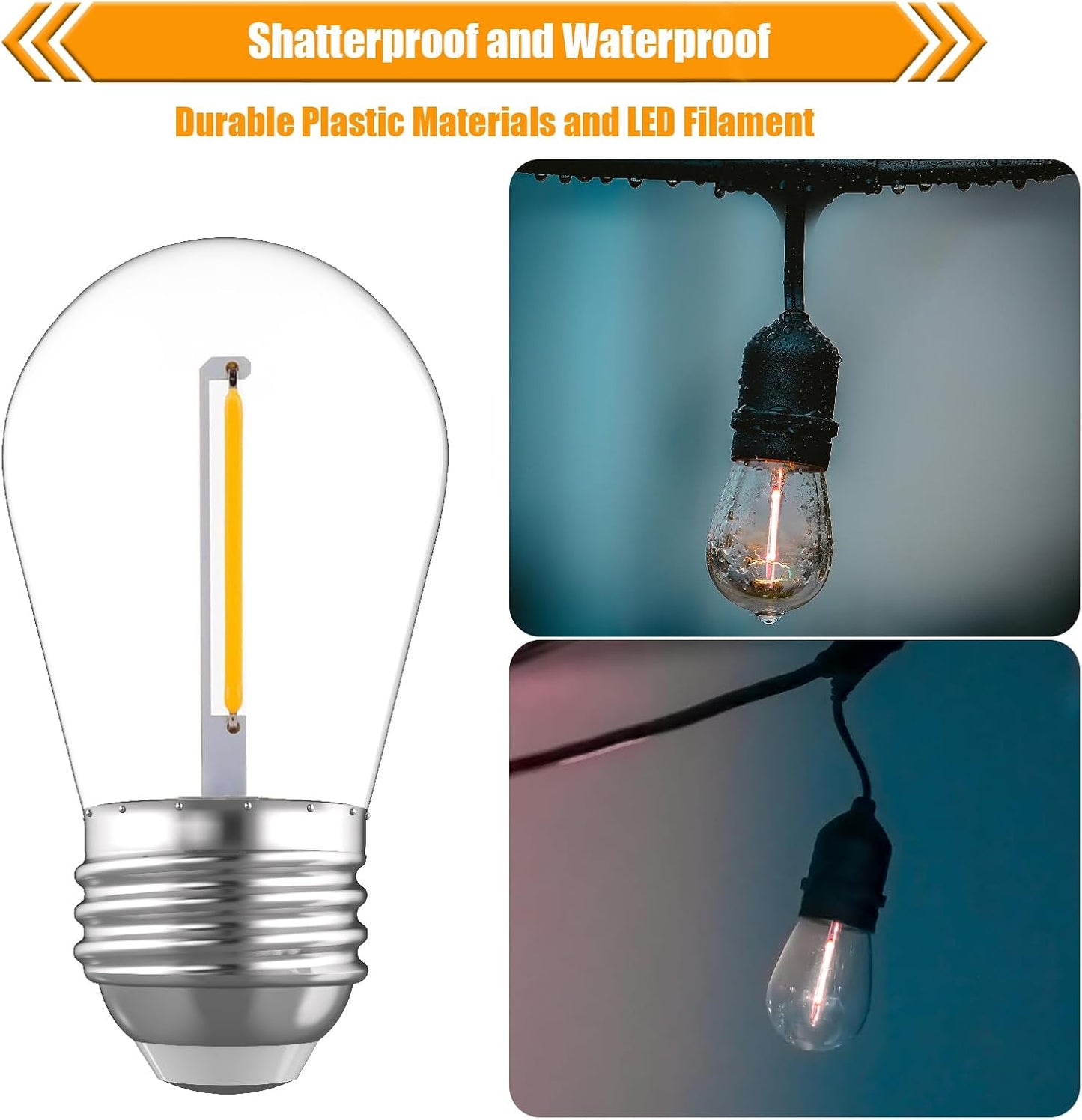 25 Pack S14 Replacement Bulbs for String Lights, 1W LED Waterproof Shatterproof Outdoor Light Bulbs, 2200K Amber Warm White, E26 Base, 70LM, AC120V, Non-Dimmable