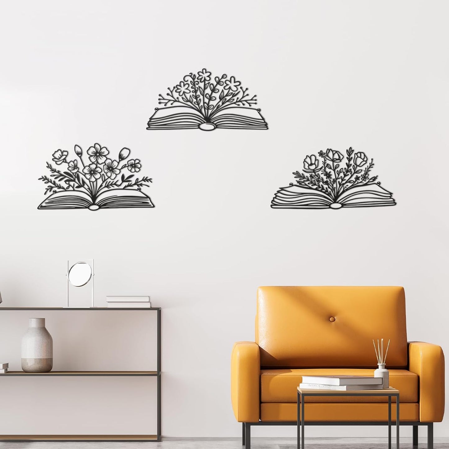 Honeydak 3 Pcs Reading Metal Book Flower Wall Art Decor Black Wall Hanging Decor Library Sign Silhouette Book Lovers Teacher Gift Wall Sculptures for Home Reading Room Living Room Bedroom Office