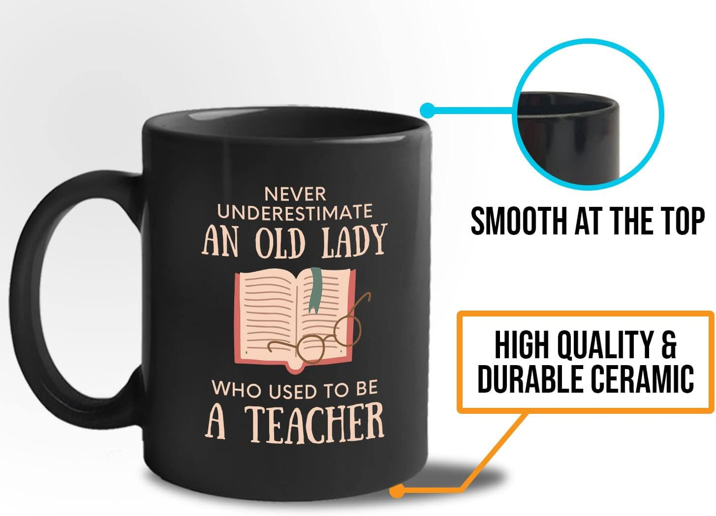 Bubble Hugs Book Lover Coffee Mug 11oz Black - Never Underestimate Old Lady - Reading Reader Grandma Retired Teacher Book Lover Bookish Novelist Librarian Writer