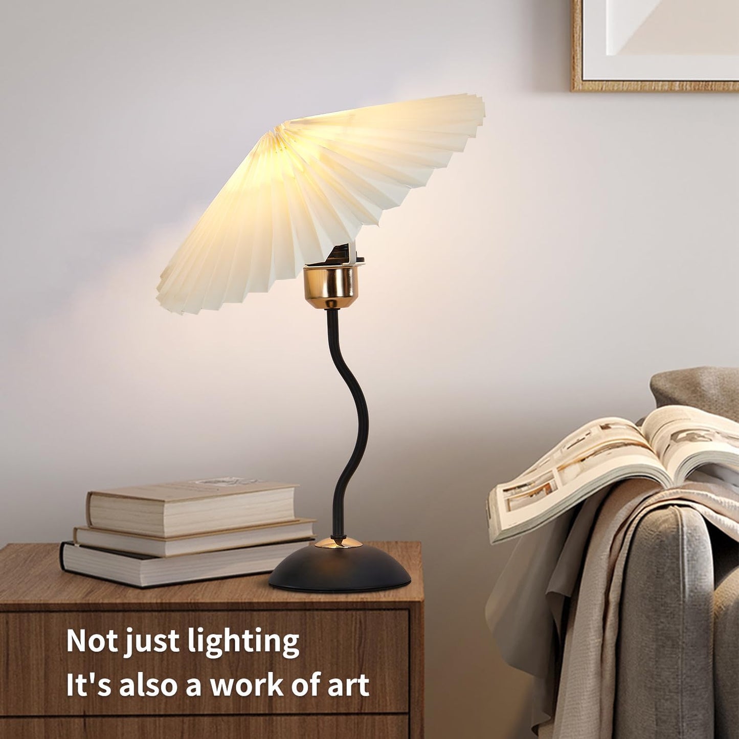 Arts Bedside Table Lamp for Bedroom, Cute Small Pleated Lamps for Nightstand, Vintage Lamp with Umbrella Shade, Decor Desk Reading Lamps for Living Room Kids Room Dorm Office with E26 LED Bulb