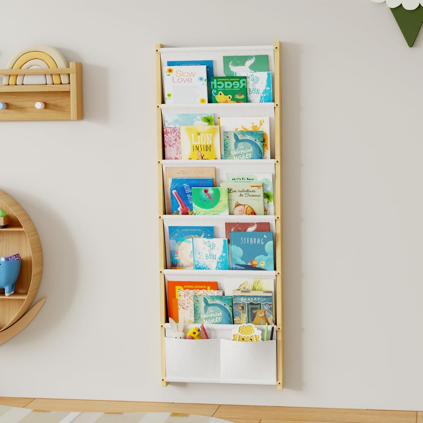 Wood 6-Tier Wall Mounted Kids Bookshelf – Floating Book Shelf For Kids Rooms,Nursery & Classroom, Hanging Bookcase Organizer For Books, Toddler Book Shelf, Montessori Bookshelf, Nursery Shelves