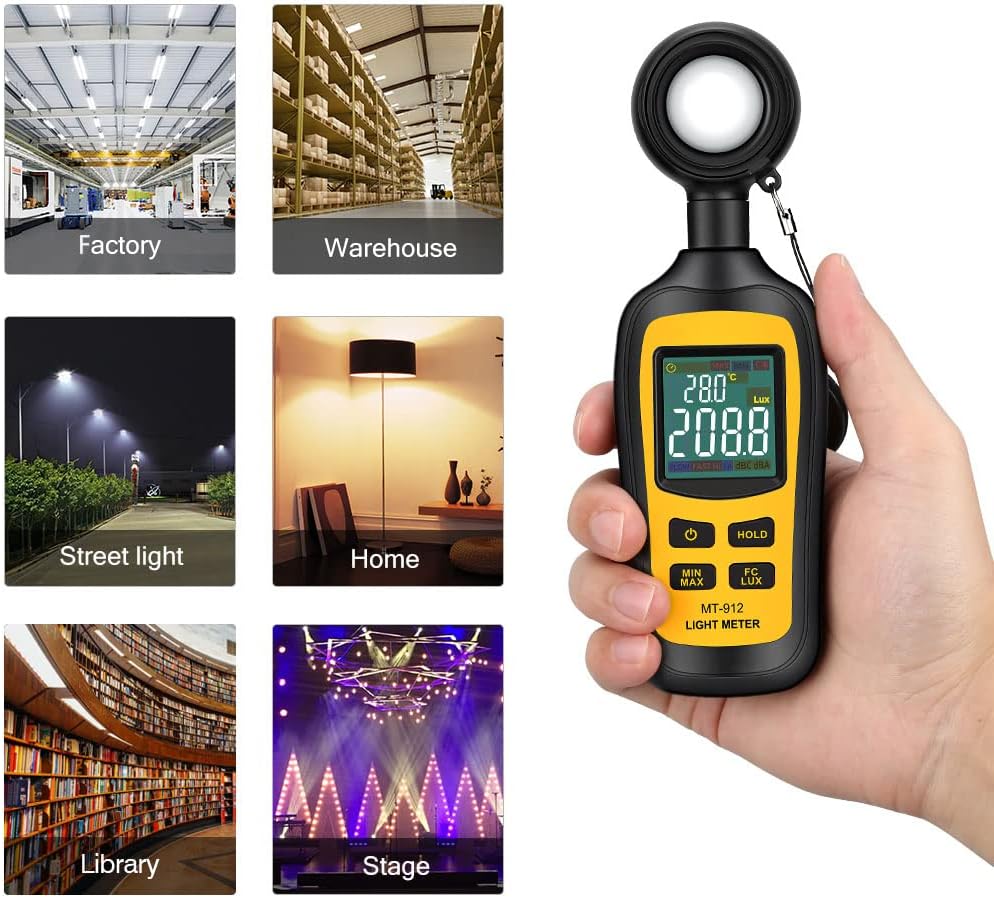 Light Meter Digital Illuminance Meter Handheld Ambient Temperature Measurer, Range up to 200,000 Lux, Luxmeter with 4 Digit Color LCD Screen