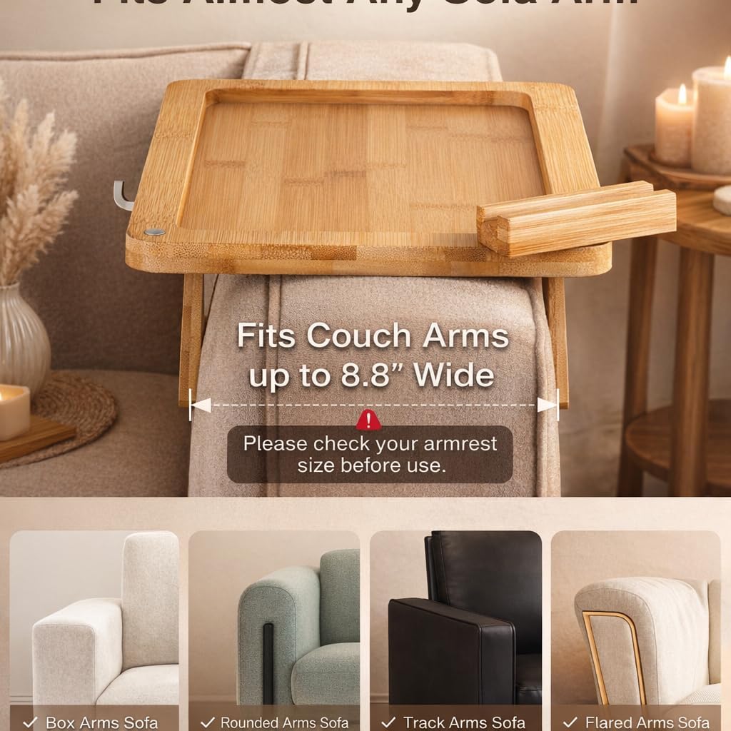 조절 가능한 다리가 있는 소파 암 트레이 테이블 - 탈착식 휴대폰 홀더 및 미끄럼 방지 매트가 있는 대나무 소파 암 트레이 - 음료, 간식 및 리모컨용 소파 팔걸이 테이블 - 최대 22.4cm(8.8인치) 소파 팔에 적합