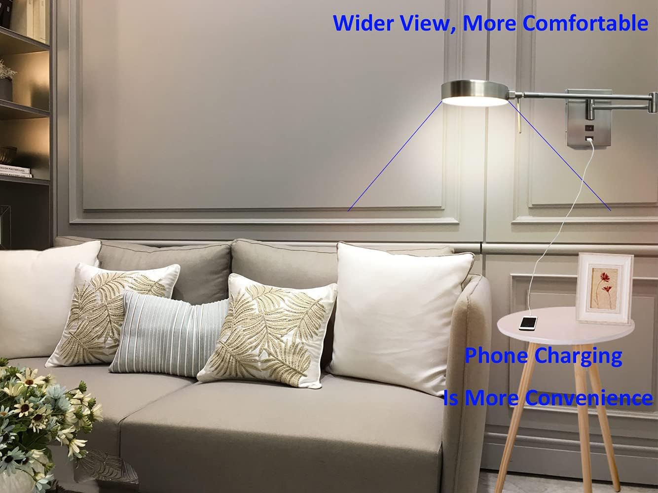 HomeFocus LED Swing Wall Lamp with USB Charging Port,Eye-Caring Bedside Reading Wall Light,Wall Light,Wall Sconces,Wall Lamp for Bedroom,Living Room,Hotel,LED 5W 3000K,Metal,Satin Nickel.