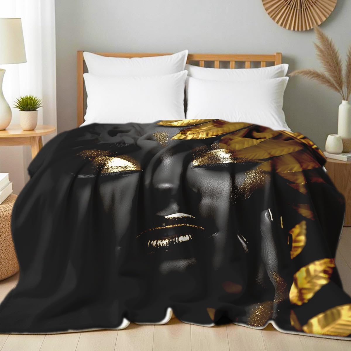 African American Woman Blanket Throw Black Gold Print Flannel Blanket Gifts for Girls Female Women African American Couch Bed Living Room Home Decor 49"x59"