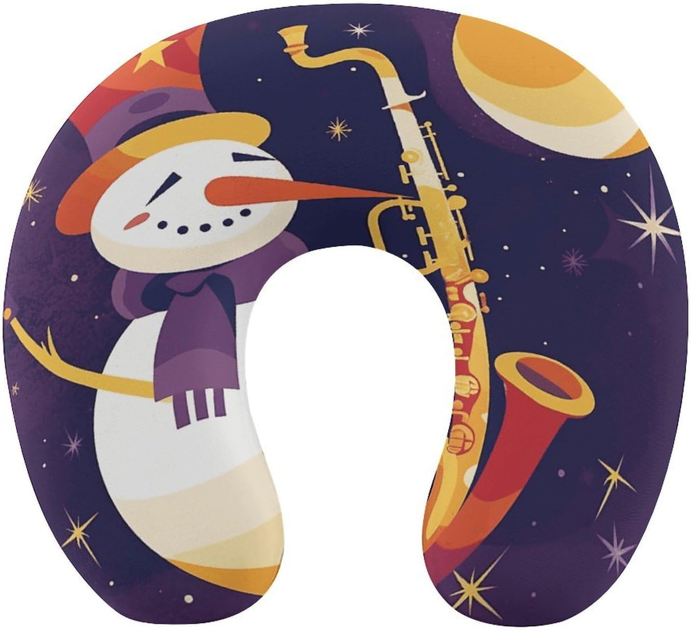 Snowman Plays Saxophone Neck Pillow Memory Foam U Shaped Pillows Portable Pillows for Shoulder Travel Head Support Pillow with Concealed Zipper for Airplane Car Home Office