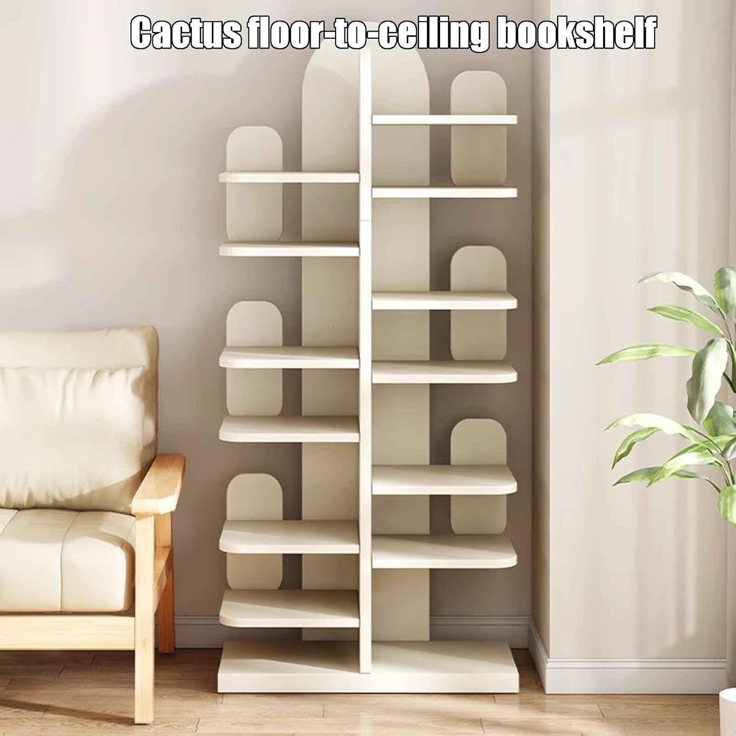 Modern Solid Wood Cactus Tree Bookshelf - Luxury Corner Bookcase, Creative Floor Standing Book Shelf for Home, Living Room, Bedroom, Office, Library Storage