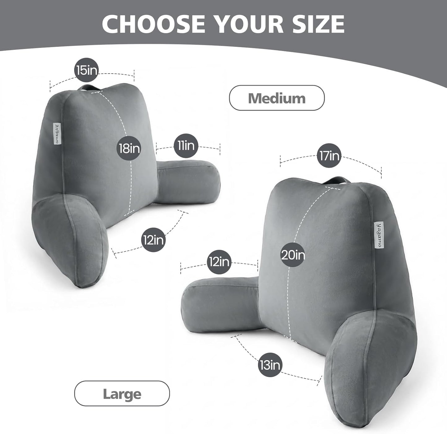 Reading Pillow with Adjustable Memory Foam,Adult Backrest with Arms, Back Pillow for Sitting in Bed with Washable Cover- Large, Gray