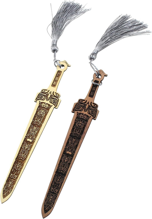2 Pcs Sword Shaped Wooden Bookmarks, Wood Bookmark with Tassel Vintage Reading Page Markers Woods Book Marks(Coffee+Taupe)