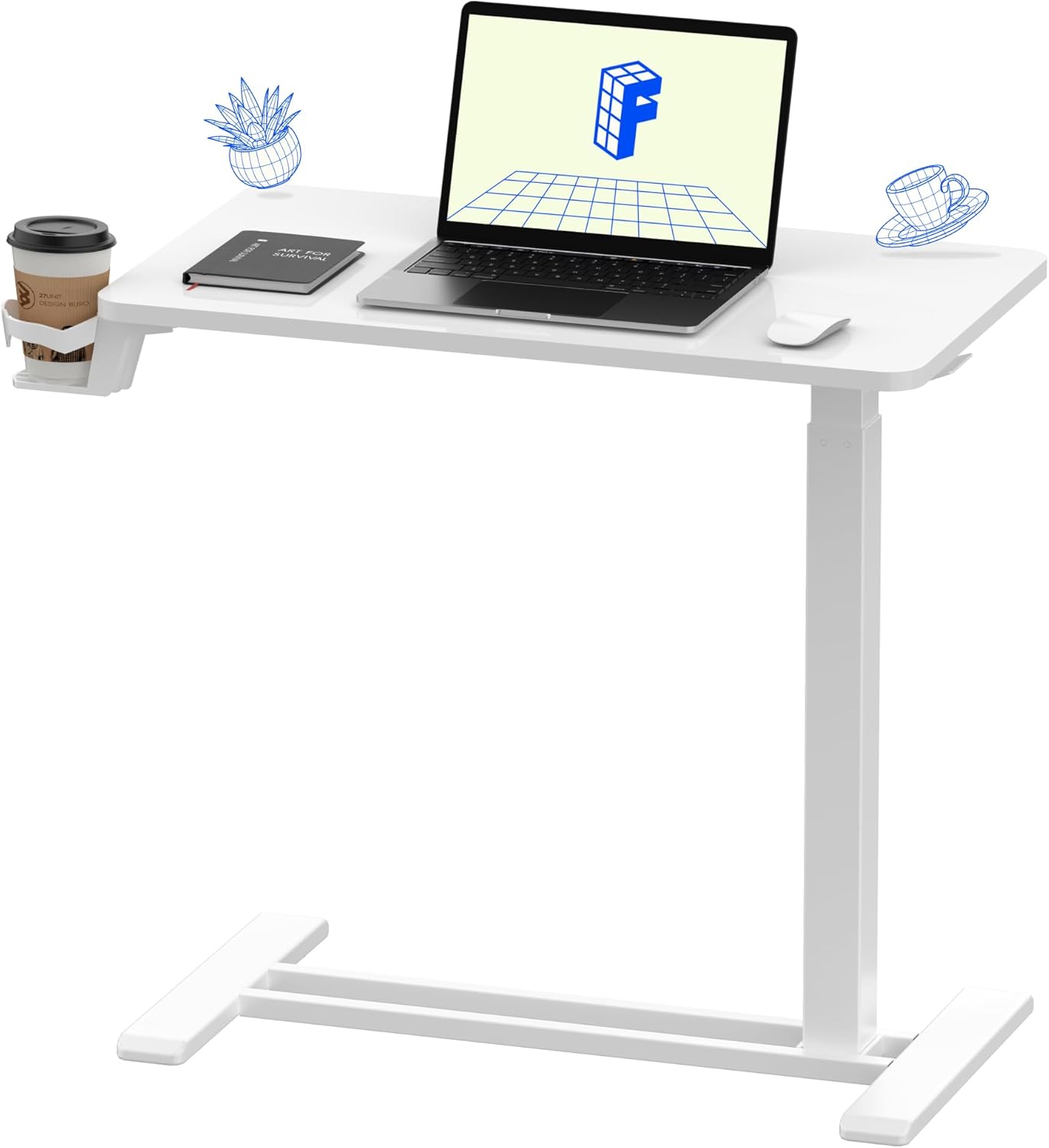 FLEXISPOT H7 Adjustable Overbed Bedside Table with Wheels Pneumatic Mobile Standing Desk Laptop Desk Rolling Computer Cart Movable Overbed Table Hospital Home Use(27.6" W x 15.7" D, White)
