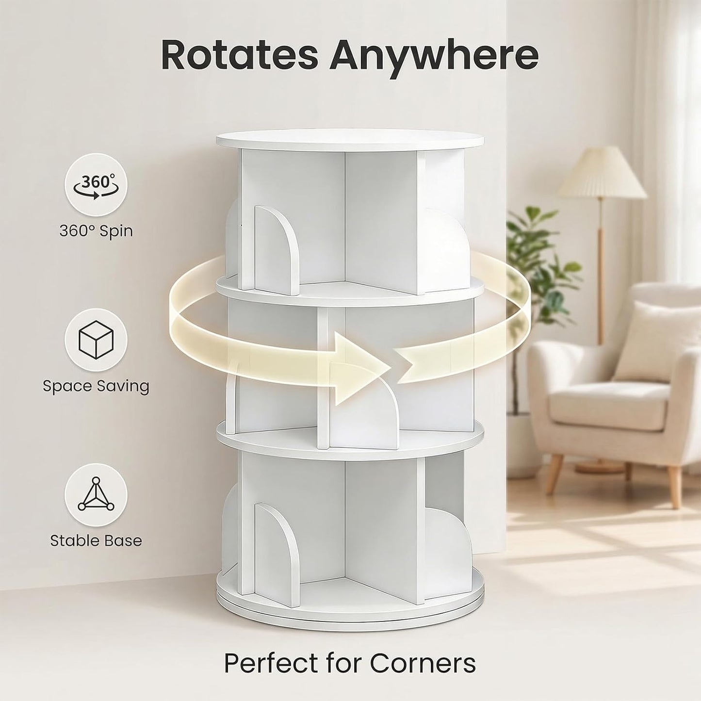 3 Tier Rotating Bookshelf, 360-Degree Swivel Revolving Tower Floor Standing Bookcase with Lazy Susan, Narrow Spinning Organizer for Small Space, Corner Storage, Study Room, Adult & Kids, White