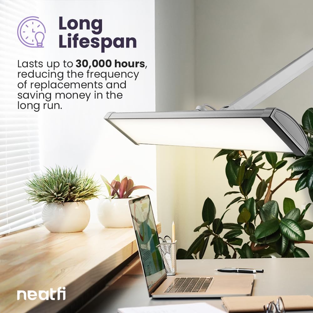 Neatfi 3,500 Lumens LED Desk Lamp – 45W Dimmable Task Light | 3 Light Modes | 540 SMD LEDs | Touch Control | 26-Inch Wide Metal Shade | Reading, Craft, Workbench & Office (CCT with Clamp, Silver)