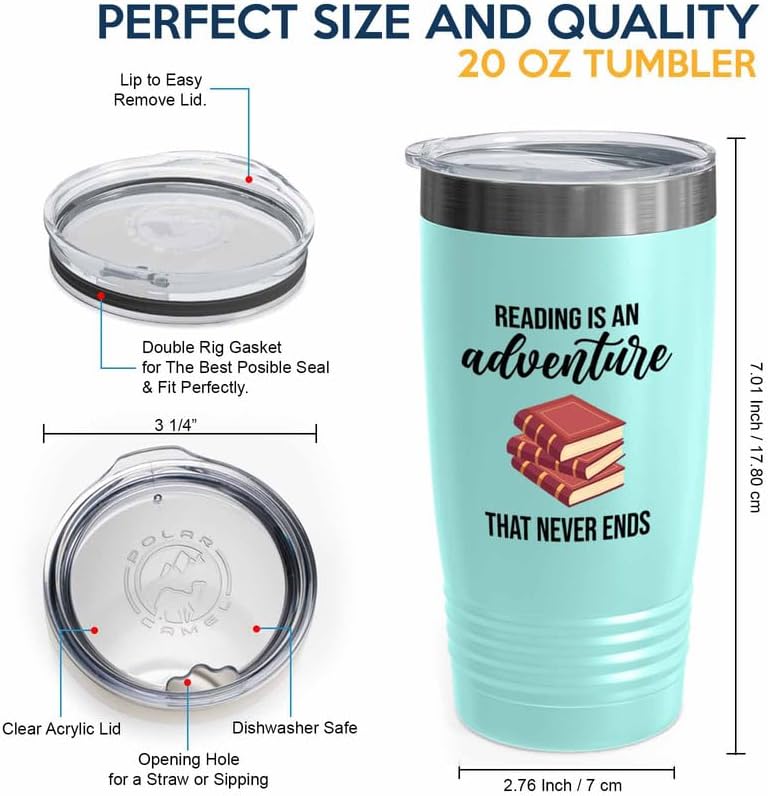 Bookish Tumbler 20oz Teal -Reading is an adventure - Novel enthusiast Book Club Librarian Book Lover Writer Reader Bibliophile