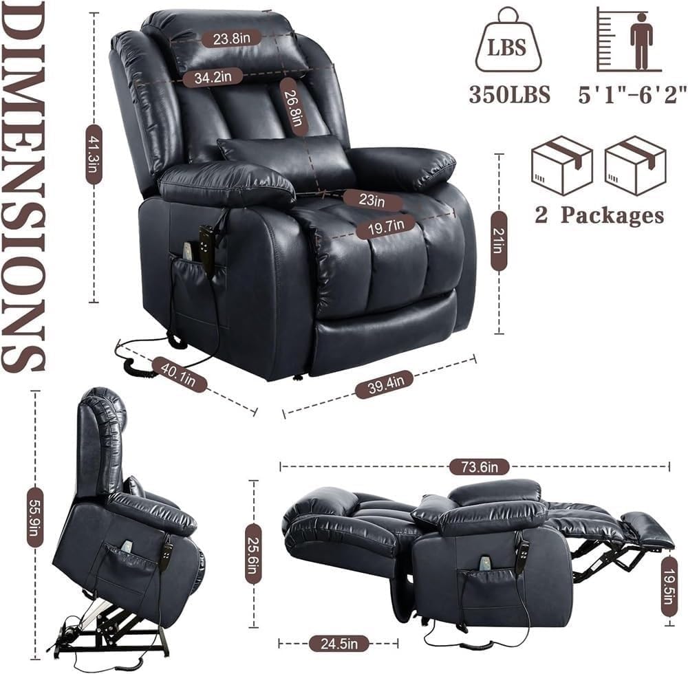 Dual Motor Power Lift Recliner Chair with Infinite Position Massage and Heating Lay Flat Electric Lounge Chairs with Remote Control for Elderly Living Room Bedroom