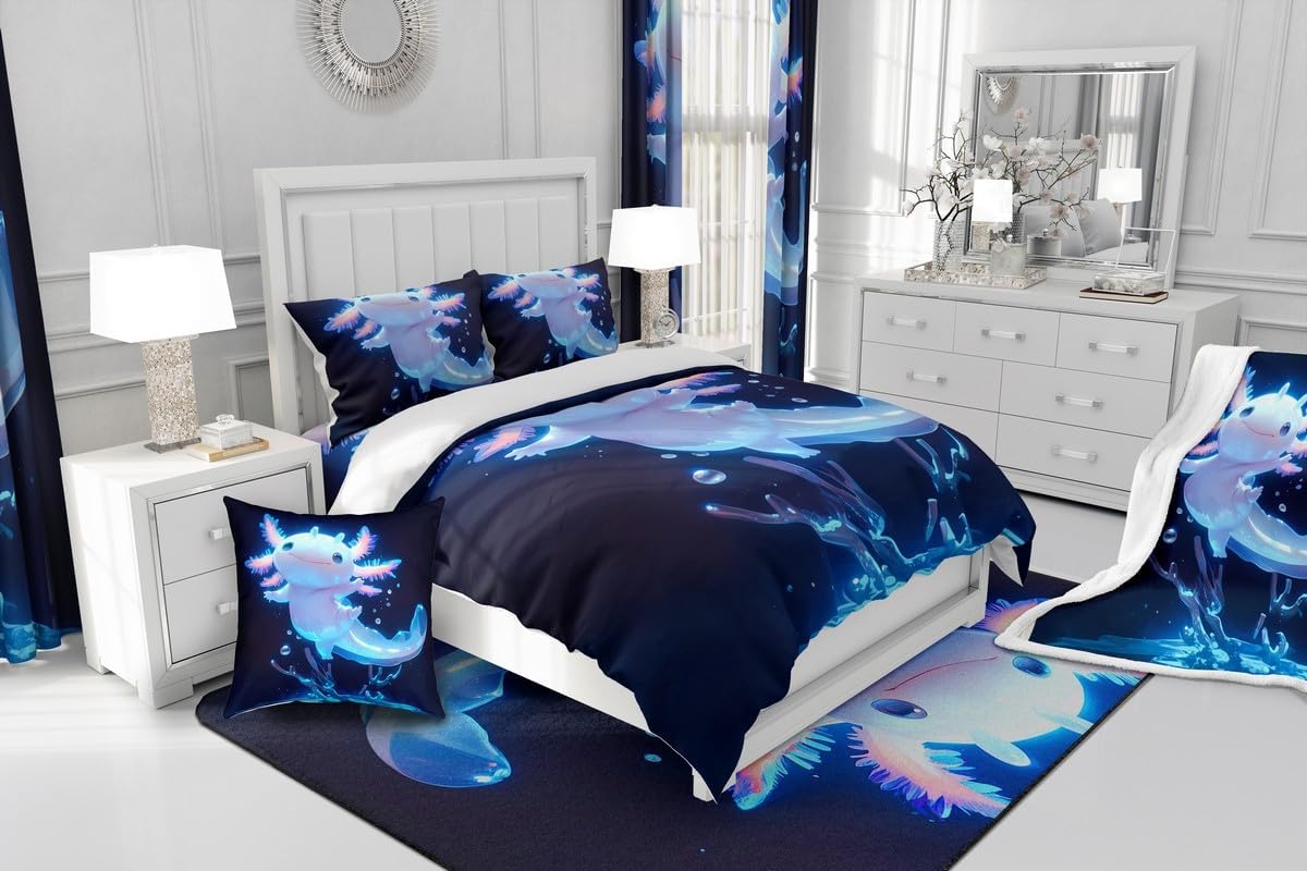 Feelyou Cute Axolotl Fuzzy Flannel Fleece Throw Blanket - Kawaii Ocean Sealife All Season Bed Blanket Gift for Women - Plush Throw 50"x60", Black Blue