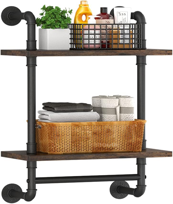 Helsin Industrial Pipe Floating Bathroom Shelves Wall Mounted with Towel bar, 2 Tier Rustic Wood Wall Shelf, 16inch Metal Towel Rack Storage Bookshelf for Bathroom, Kitchen, Farmhouse, Living Room | with Towel bar, Wall Shelf, Towel Rack, Storage Bookshel