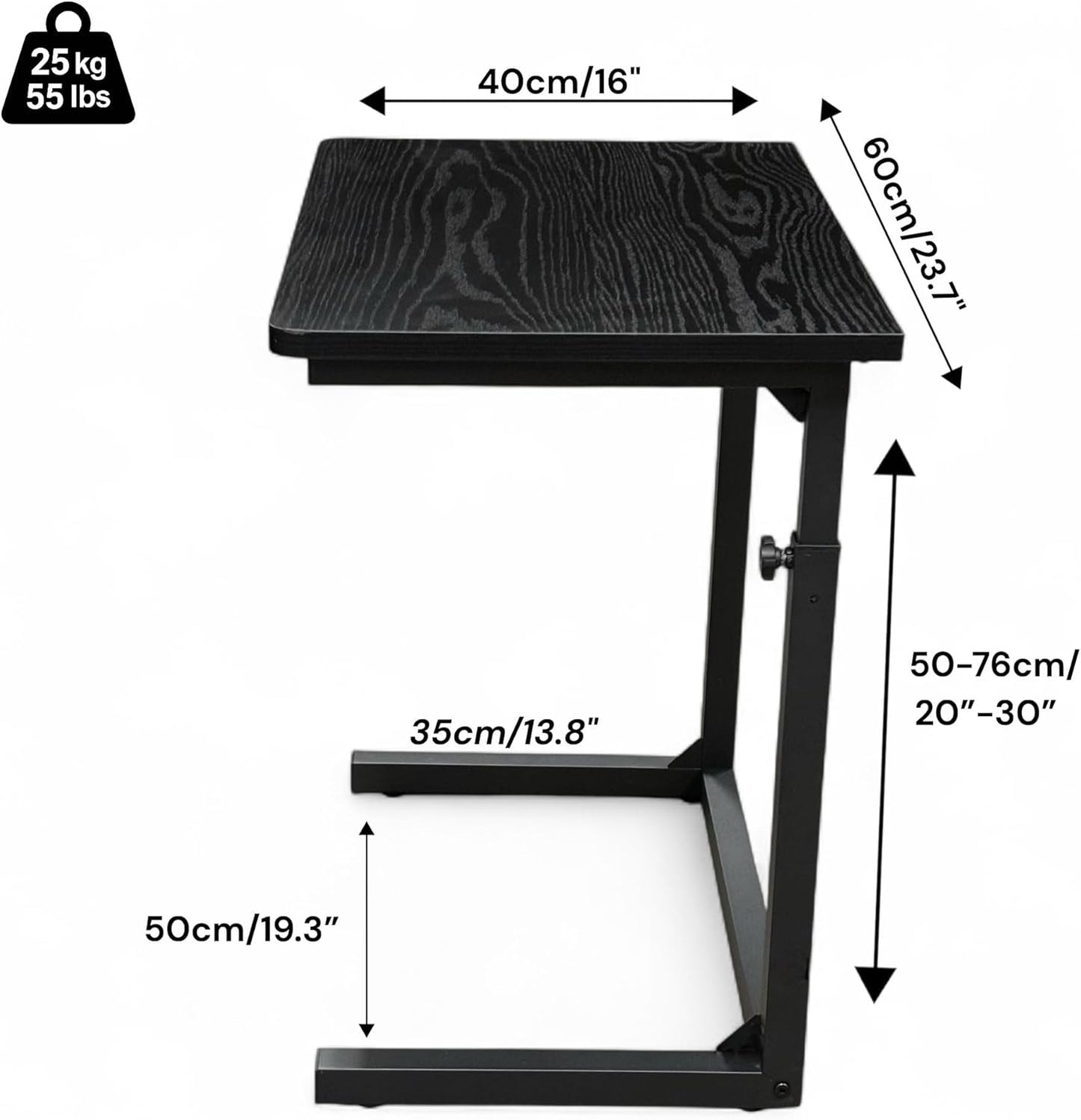 Height Adjustable C-Shaped Sofa Side Table, Laptop Table for Couch & Bed, Black