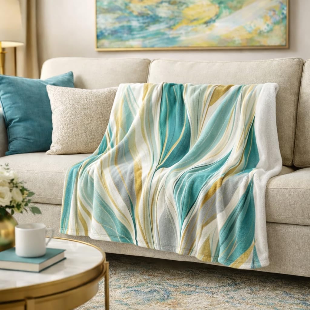 Soft Throw Blanket Watercolor Paint Strokes Pattern Abstract Gold Beige Teal Blue Grey Print Design Lightweight Blanket for Beds, Sofas & Couches - All Seasons Home Décor
