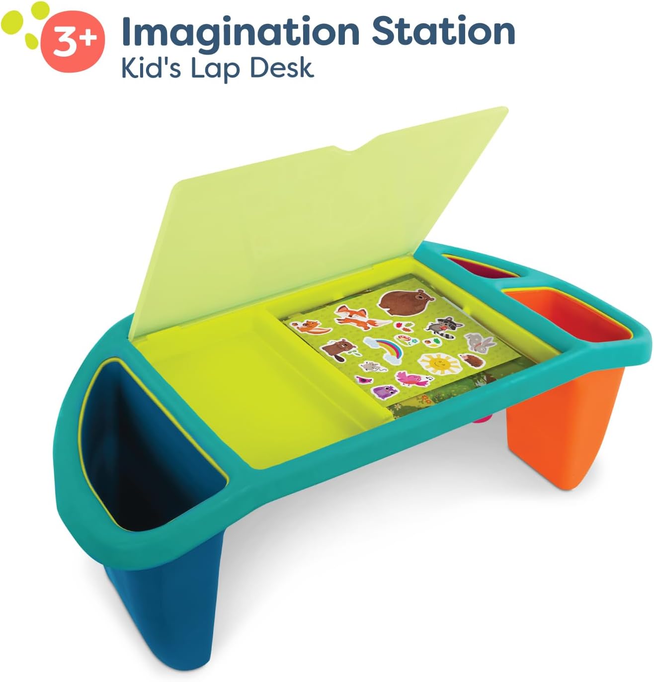 B. toys – Imagination Station – Creative Kids Lap Desk – Lap Desk for Art, Coloring, Writing – Portable Table with Storage Space – Reusable Sticker Set – 3+ Years