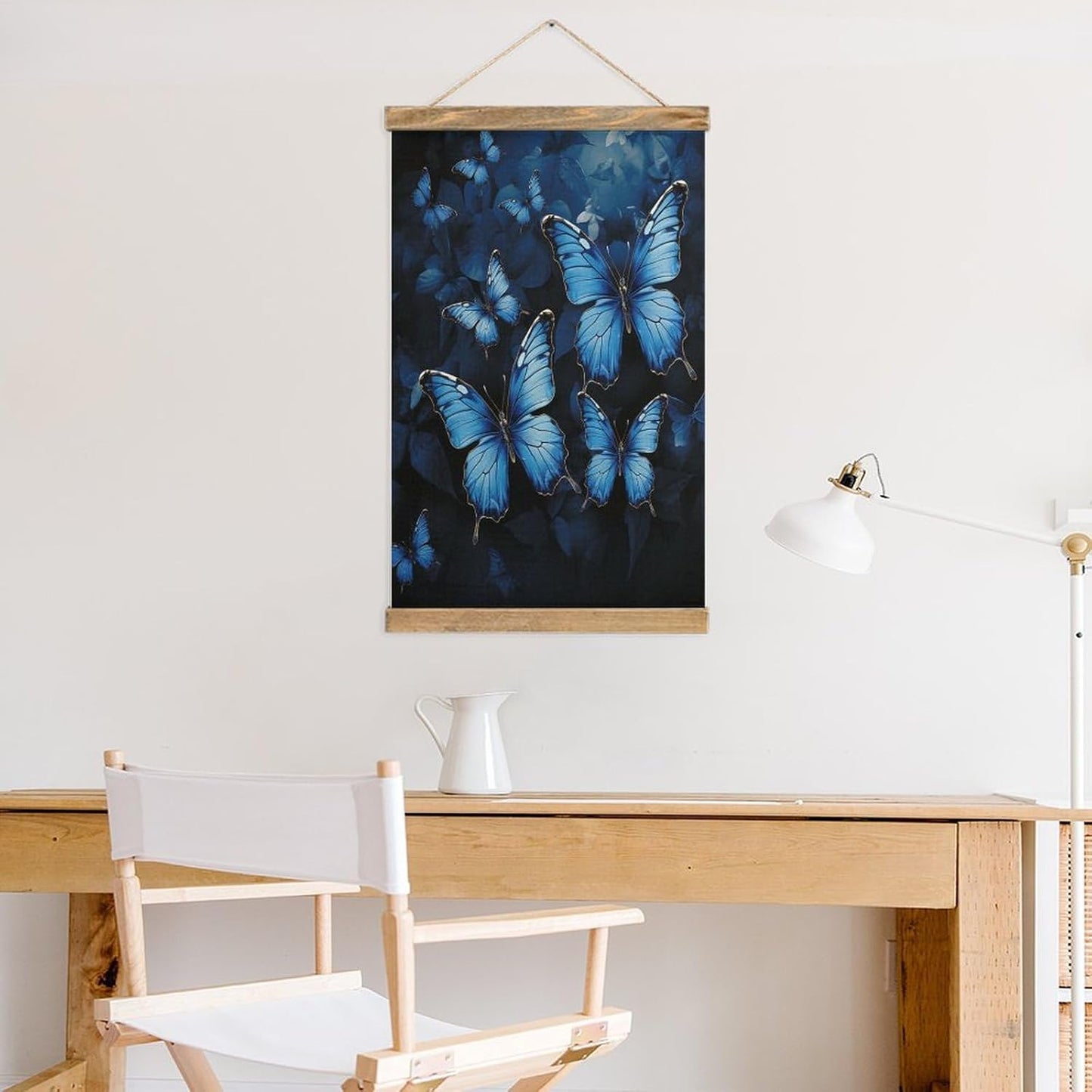 Vintage Dark Blue Butterflies Poster with Wooden Frame Personalized Linen Hanging Scroll Painting Rustic Wall Hanging Illustrative Modern Artwork Decor for Home Living Room Bedroom Office