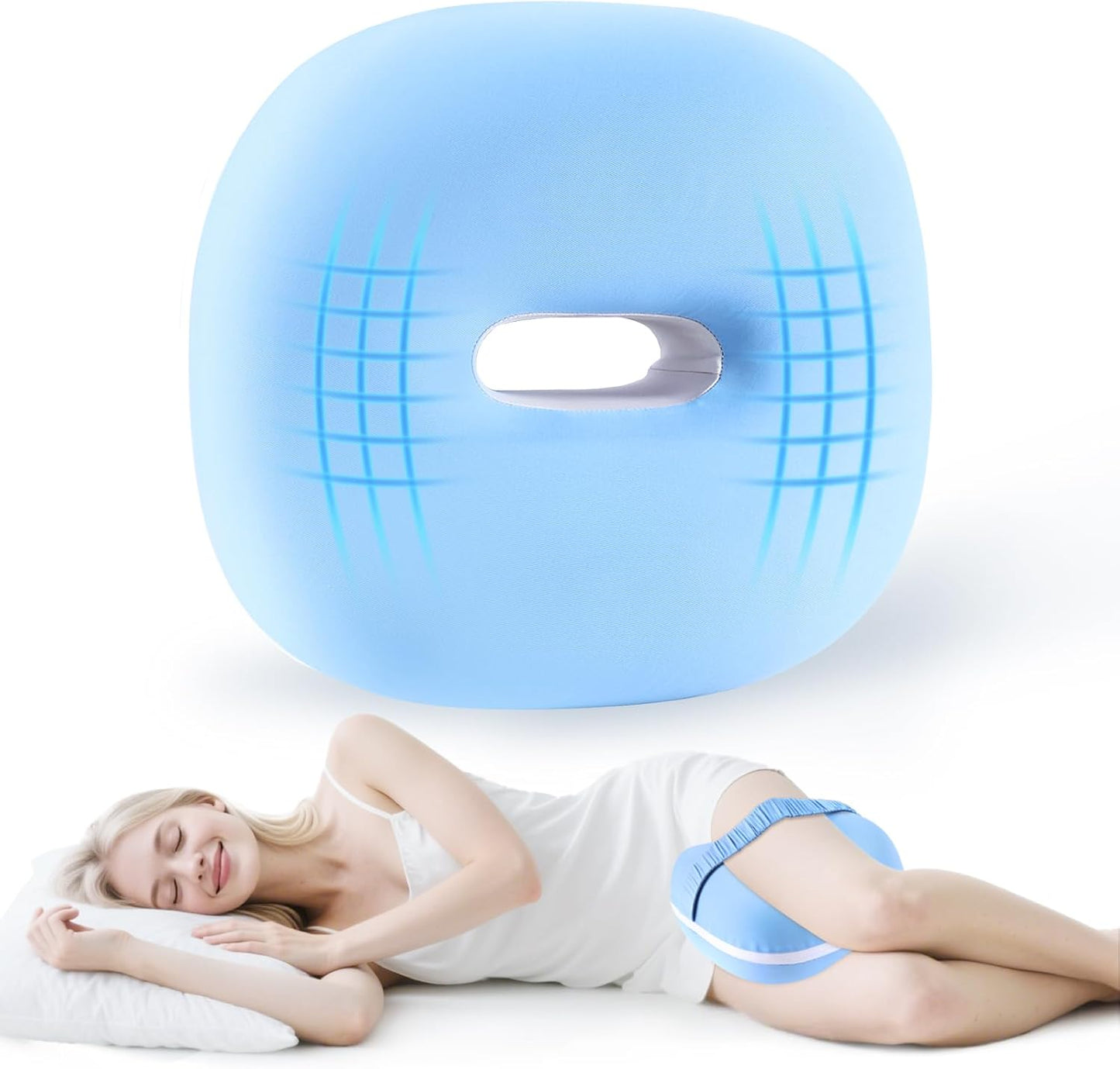 Knee Pillow for Side Sleepers, Cool Memory Foam Leg Pillow for Sleeping, Between Legs Cushion, Knee Support Pillow for Spine Sciatica Back Hip Knee Pain Relief with Ice Silk Cover & Elastic Strap