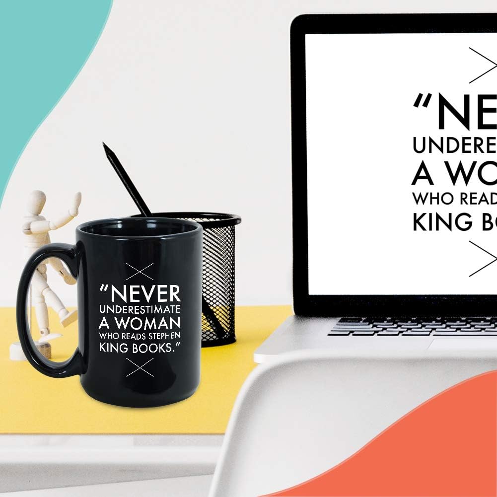 Readers Mug 15 oz Black, Never Underestimate A Woman Who Reads Bookworm Quote