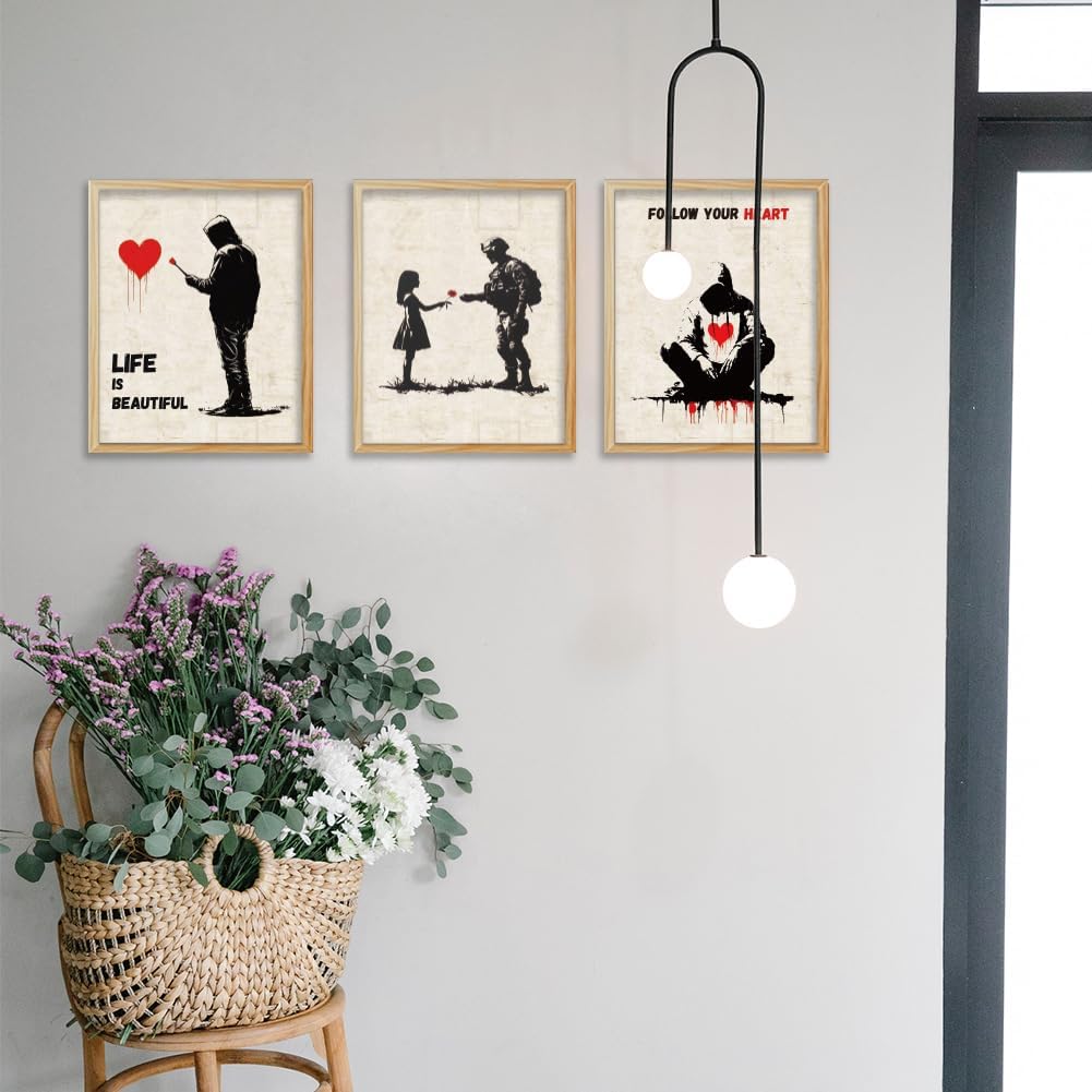 WEBEEDY 9 Styles Banksy Wall Art Vintage Red Heart Prints with for Wall Decor Aesthetic Graffiti Poster Boho Unframed Canvas Wall Art for Living Room Bedroom Office Home Decoration, 20x25cm/8x10''