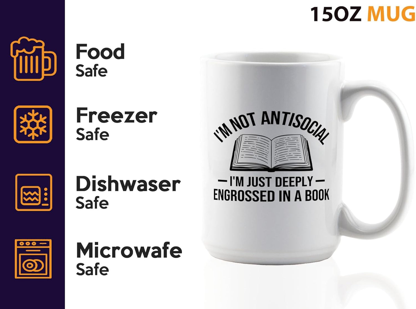Book Lover Coffee Mug 15oz White -Im not antisocial - Bookworm Literature Library Book Lover Reader Booked Editor Intellectual Studious