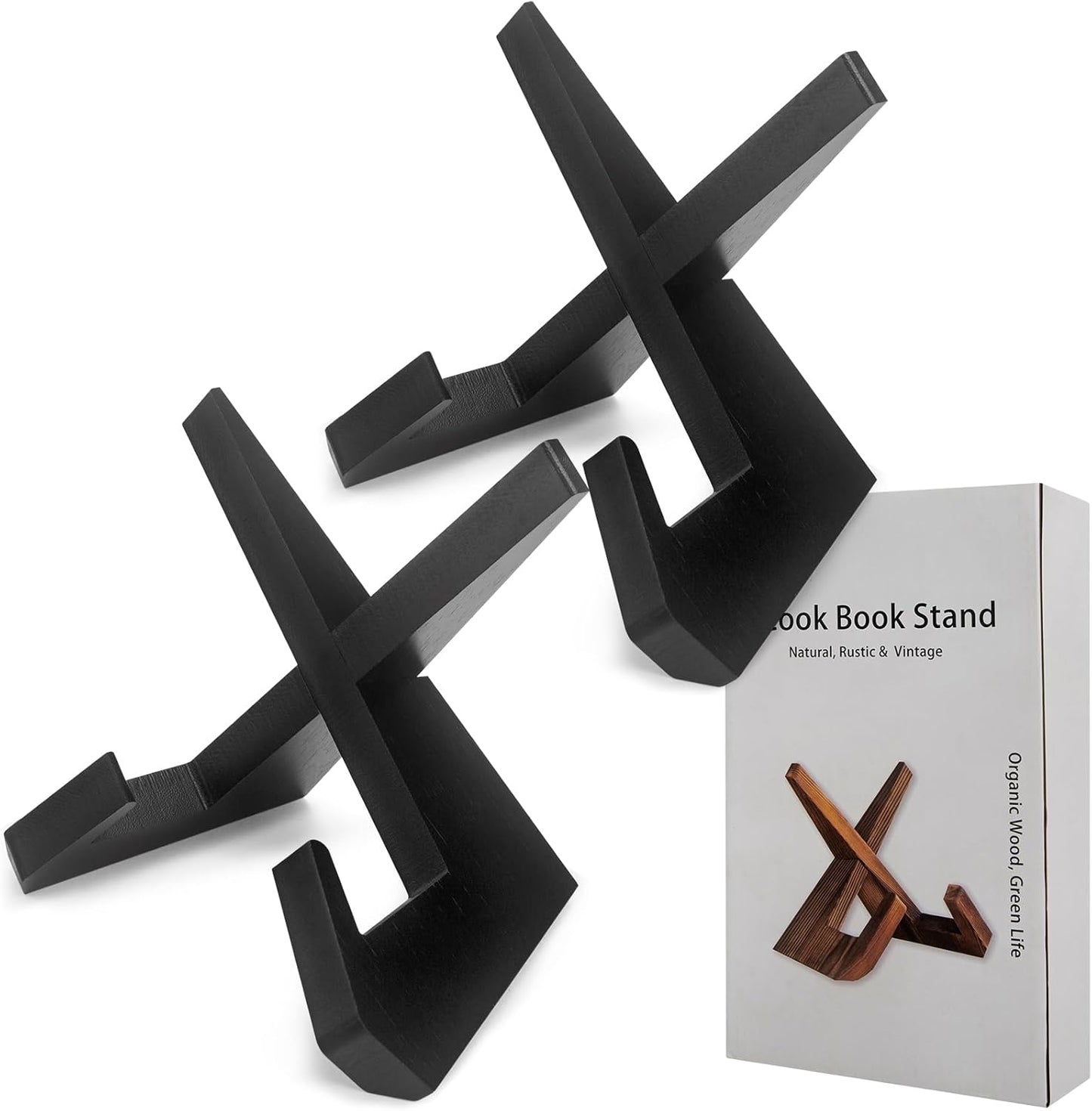 Rustic Cookbook Holder Stand for Kitchen, Recipe Book Holder for Kitchen Counter, Wooden Kitchen Book Holder, Rustic Cook Book Holder with Wooden Grains (2 in Black)