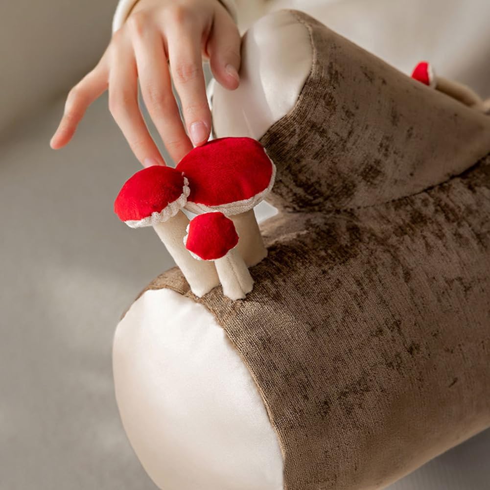 Mushroom Tree Log Pillow - Long Cylinder Decorative Throw Pillow for Couch, Sofa & Bed, Modern Chic Nature-Themed Pillow, Woodland Stump Accent Pillow for Living Room, Nursery, Home Decor