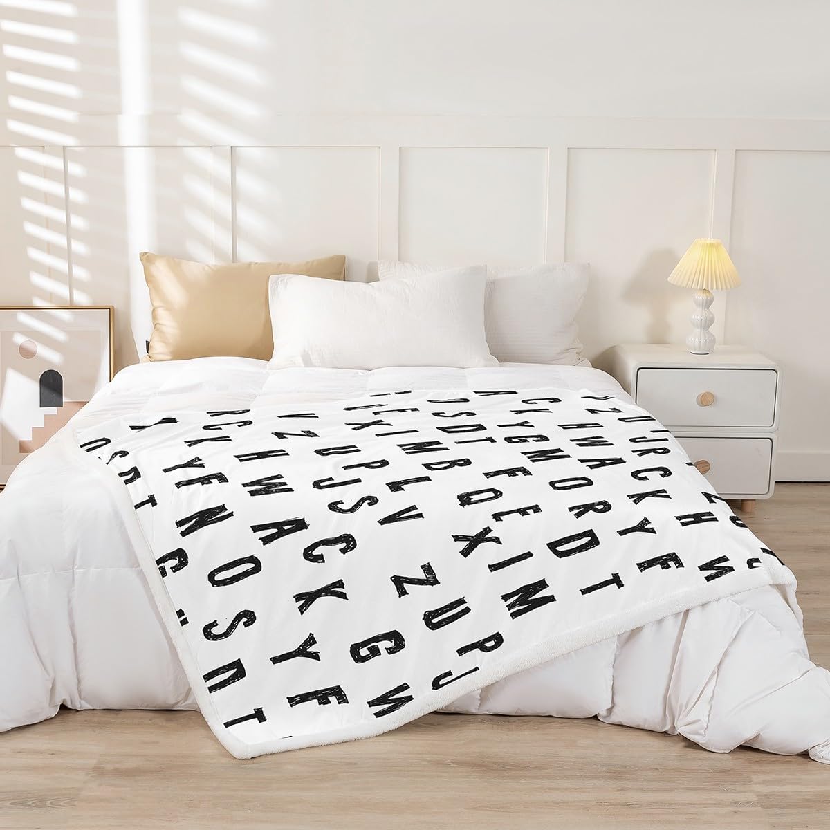 Castle Fairy Black Alphabet Kids Flannel Blanket,Cute English Letters Pattern Fuzzy Blanket for Children,Modern Simple Style White Polyester Throw Blanket for Couch, Twin Size (60 x 80 Inch)