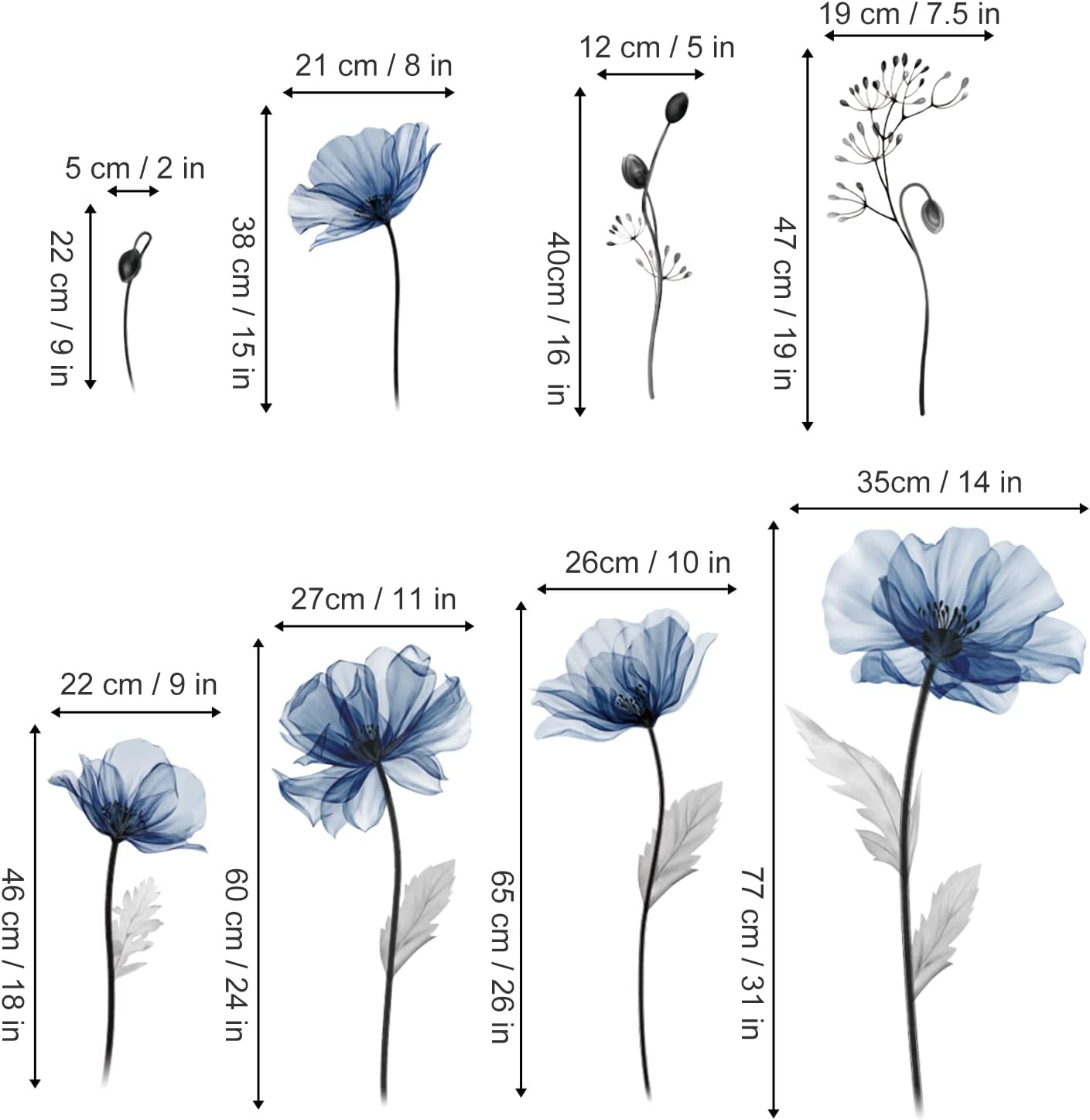 decalmile Large Blue Flower Wall Decals Floral Plants Wall Stickers Bedroom Living Room Kitchen Wall Decor Gifts for Mom